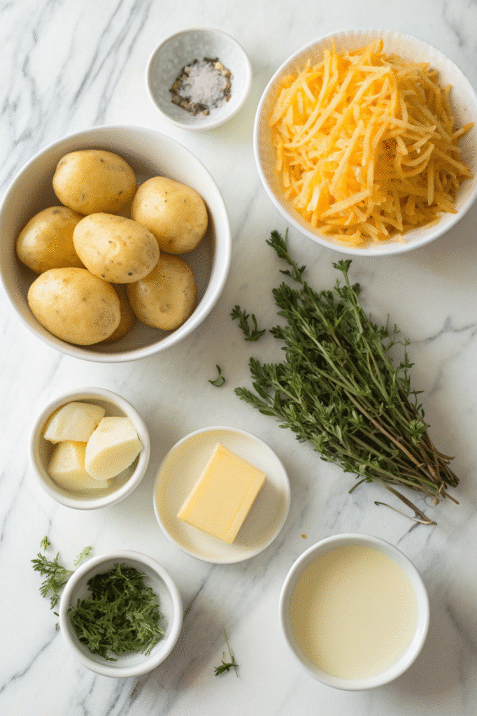 Cheddar Garlic Herb Potato Soup – Creamy, Cozy, and So Satisfying 6 Ingredients for cheddar garlic herb potato soup on a counter