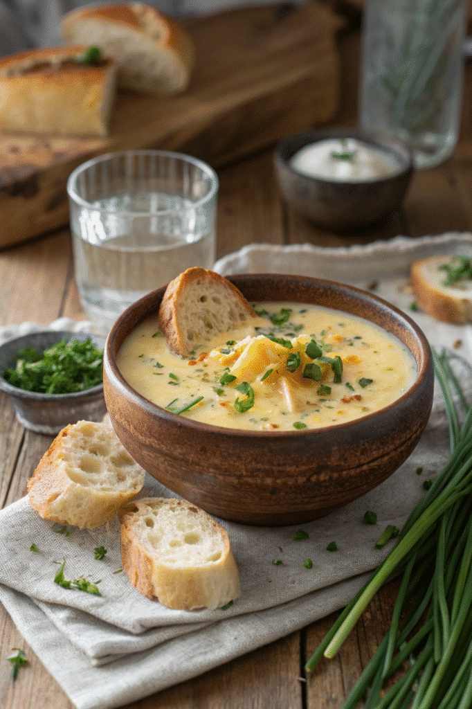 Cheddar Garlic Herb Potato Soup – Creamy, Cozy, and So Satisfying 7 Served bowl of cheddar garlic herb potato soup with bread