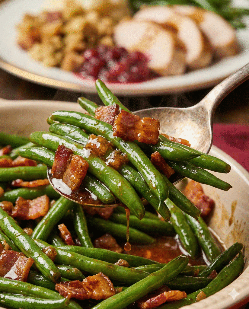 Crack Green Beans with Bacon: The Most Addictive Side Dish 7 Serving spoonful of savory-sweet glazed green beans with crispy bacon.