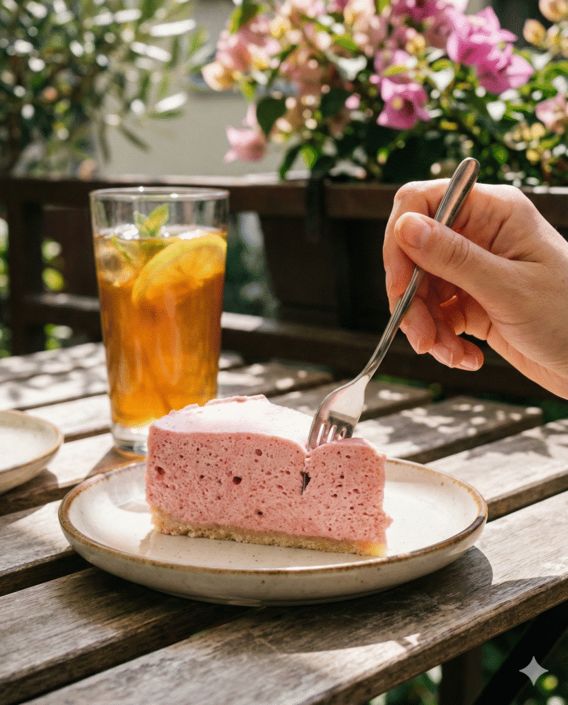No-Bake Greek Yogurt Jello Cheesecake: Best Easy High-Protein Recipe 7 Fork taking a bite of high-protein jello dessert slice.