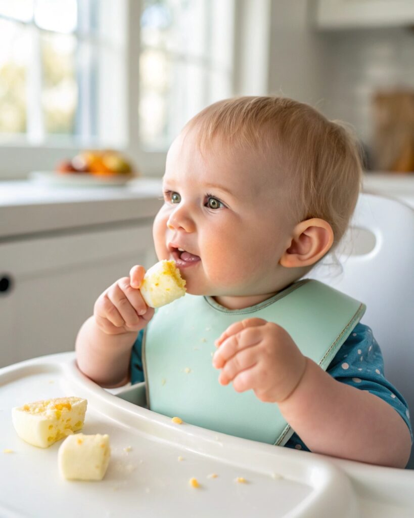 No-Sugar Cottage Cheese Frozen Bites for Teething 9 Baby holding high-protein infant teething treat made with cottage cheese