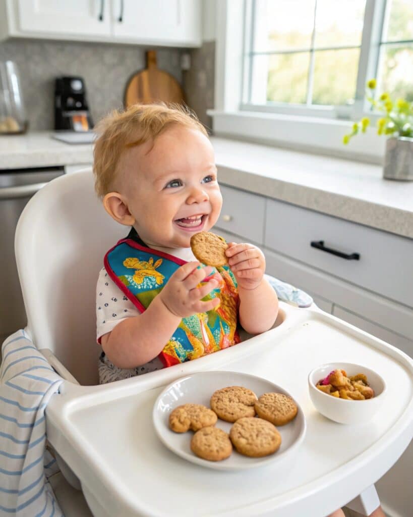 Soft Peanut Cookies 8+ Months (EAI) - Safe Baby Recipe 7 Baby eating soft melt-in-mouth peanut cookie for early allergen introduction