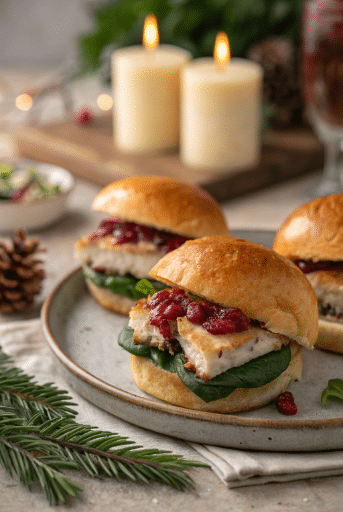 Best Turkey Cranberry Sliders Recipe for the Holidays 10 Close-up of turkey cranberry slider buns cut in half showing layers