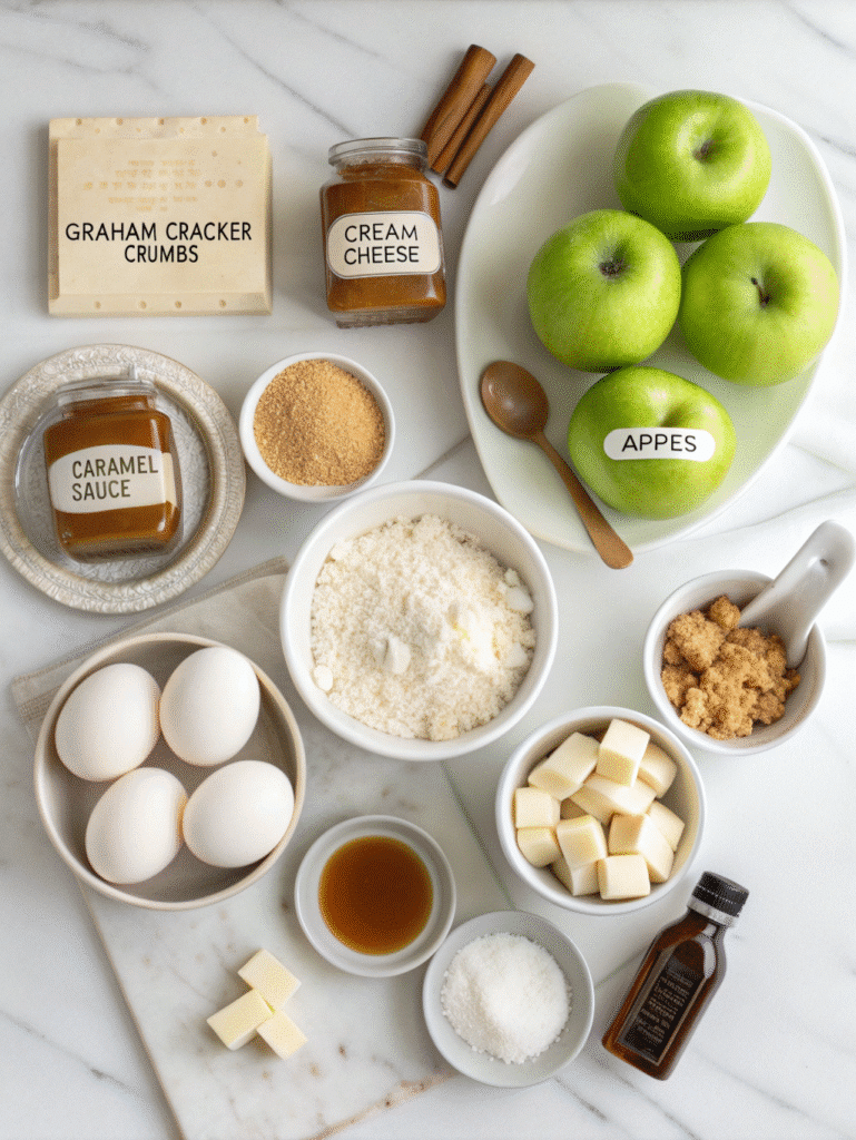 Caramel Apple Cheesecake Bars: Easy Fall Dessert Recipe 6 Ingredients for apple cheesecake dessert bars laid out on marble counter with cream cheese and fresh apples