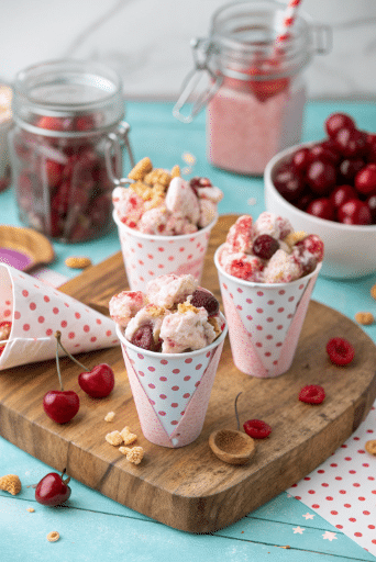Cherry Cheesecake Puppy Chow Recipe (Easy No-Bake in 15 Minutes!) 5 Cherry white chocolate chow served in decorative paper cones for party presentation