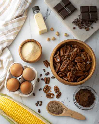 Texas Chocolate Pecan Pie: Best Easy Recipe 6 Chocolate pecan pie recipe ingredients including pecans, chocolate chips, eggs, butter and corn syrup on marble counter