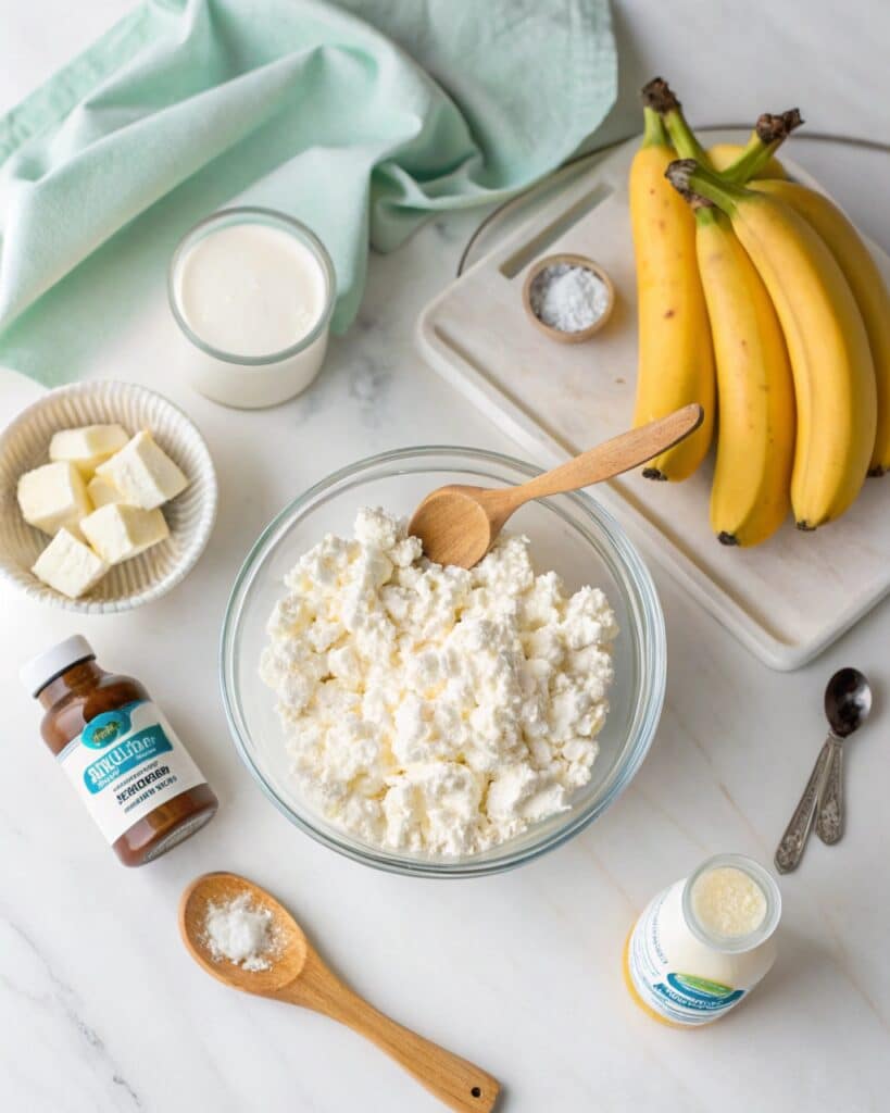 No-Sugar Cottage Cheese Frozen Bites for Teething 8 Cottage cheese baby food bites ingredients including cottage cheese, banana, and Greek yogurt