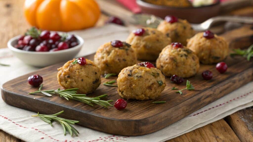 Best Cranberry Turkey Stuffing Balls Recipe 4 Cranberry turkey stuffing balls arranged on wooden board with fresh herbs and cranberries