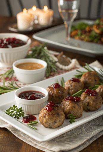 Cranberry Turkey Stuffing Balls - Easy Holiday Recipe 7 Thanksgiving appetizers - cranberry turkey stuffing balls served on platter with dipping sauces
