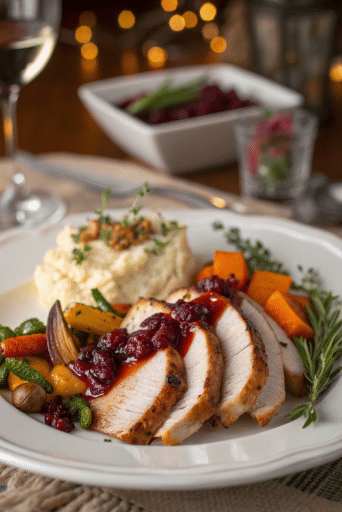 Cranberry Orange Glazed Turkey Breast Recipe That Works Every Time 10 Plated cranberry orange glazed turkey breast with roasted vegetables and sides