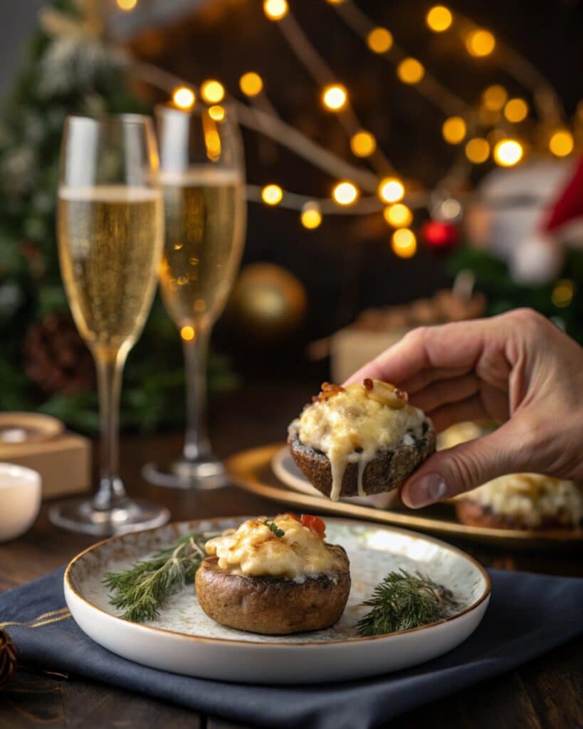 Best Christmas Stuffed Mushrooms Recipe (Easy & Festive!) 10 Serving hot Christmas stuffed mushrooms at festive holiday party