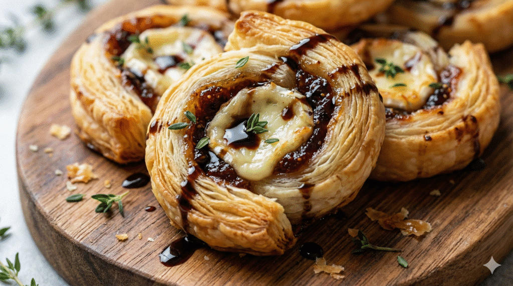 Easy Fig and Goat Cheese Pinwheels: The Best 5-Ingredient Holiday Appetizer 5 Golden brown Fig and Goat Cheese Pinwheels with balsamic glaze and fresh thyme.