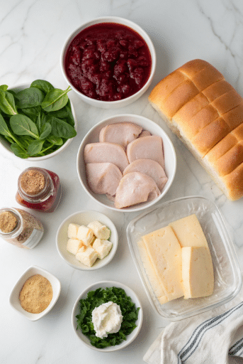 Best Turkey Cranberry Sliders Recipe for the Holidays 9 Ingredients for making turkey cranberry mini sandwiches arranged on marble counter