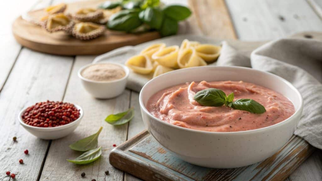 High-Protein Rose Pasta Sauce for Toddlers: Easy Recipe 5 High-protein rose pasta sauce for toddlers in white bowl with fresh ingredients