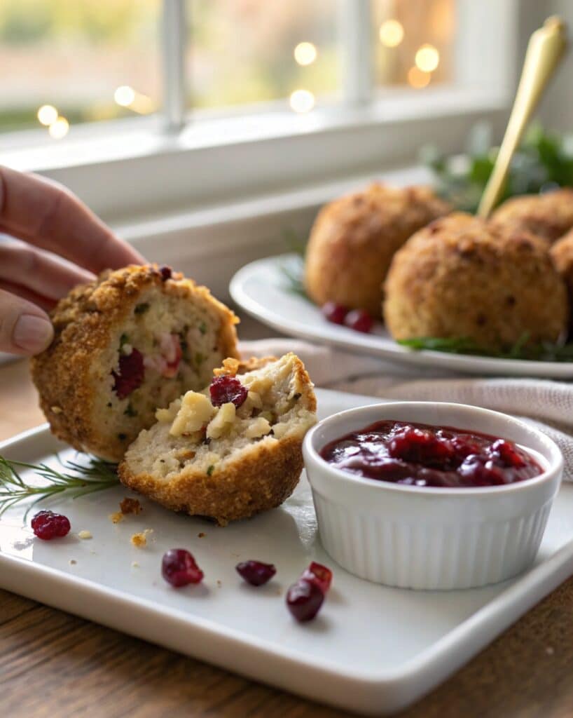 Best Cranberry Turkey Stuffing Balls Recipe 5 Close-up of baked cranberry herb stuffing balls with one broken open showing moist interior