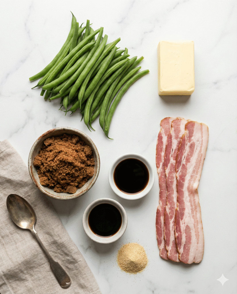 Crack Green Beans with Bacon: The Most Addictive Side Dish 6 Ingredients for Crack Green Beans including fresh beans, bacon, and brown sugar.