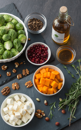 Maple-Glazed Brussels Sprouts Butternut Squash Salad Recipe - Easy & Delicious 6 Fresh ingredients for maple-glazed Brussels sprouts salad including butternut squash, burrata cheese, and maple syrup