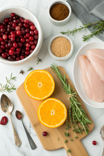 Cranberry Orange Glazed Turkey Breast Recipe That Works Every Time 9 Ingredients for cranberry orange glazed turkey breast arranged on marble counter