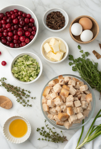 Cranberry Turkey Stuffing Balls - Easy Holiday Recipe 6 Ingredients for cranberry turkey stuffing balls including bread cubes, fresh cranberries, herbs, and turkey