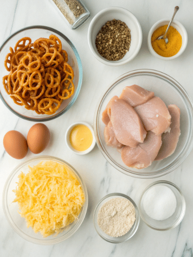 Pretzel Chicken with Mustard-Cheddar Sauce Recipe - Crispy & Easy 6 Ingredients for pretzel chicken recipe with crushed pretzels, chicken, cheese, and mustard arranged on marble counter
