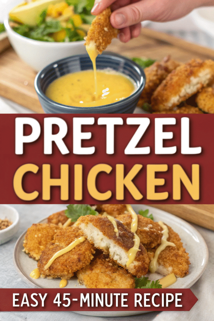 Pretzel Chicken with Mustard-Cheddar Sauce Recipe - Crispy & Easy 7 Pinterest pin for Pretzel Chicken with Mustard-Cheddar Sauce recipe - crispy baked chicken in 45 minutes