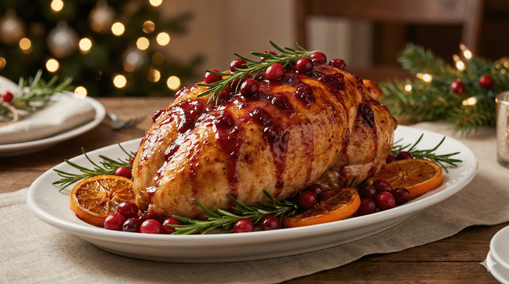 Cranberry Orange Glazed Turkey Breast: Easy Holiday Recipe 5 Roasted Cranberry Orange Glazed Turkey Breast on a white platter with fresh herbs.