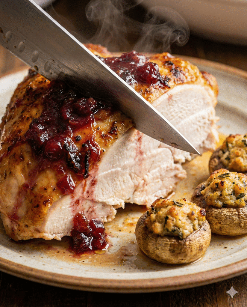 Cranberry Orange Glazed Turkey Breast: Easy Holiday Recipe 7 Sliced Cranberry Orange Glazed Turkey Breast showing juicy white meat and red glaze.