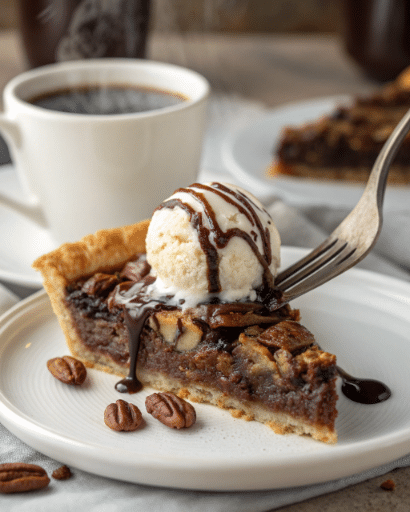 Texas Chocolate Pecan Pie: Best Easy Recipe 7 Slice of gooey chocolate pecan dessert served warm with vanilla ice cream on white plate