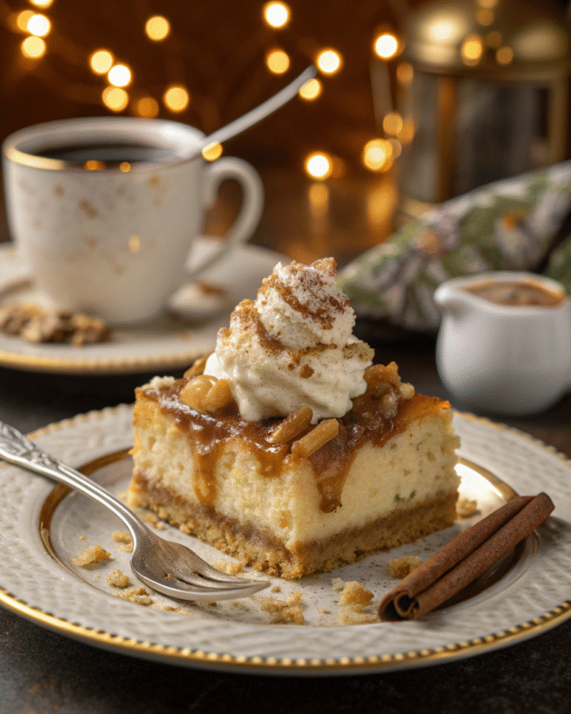 Caramel Apple Cheesecake Bars: Easy Fall Dessert Recipe 7 Spiced apple cheesecake squares being served on plate showing layered dessert with caramel drizzle