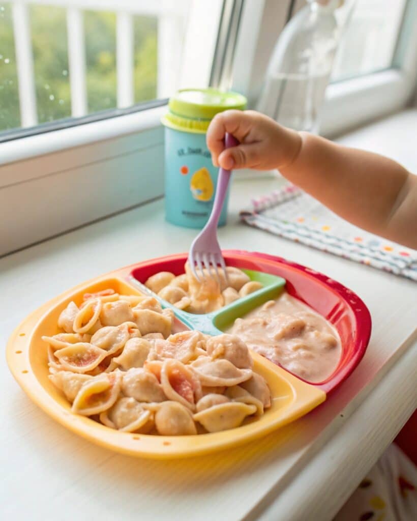High-Protein Rose Pasta Sauce for Toddlers: Easy Recipe 7 Toddler eating high-protein rose pasta sauce with shell pasta on colorful plate