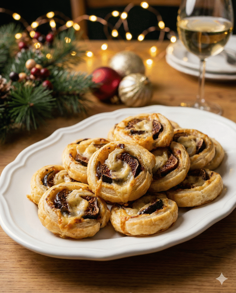 Easy Fig and Goat Cheese Pinwheels: The Best 5-Ingredient Holiday Appetizer 7 A platter of elegant holiday appetizer pinwheels served at a party.