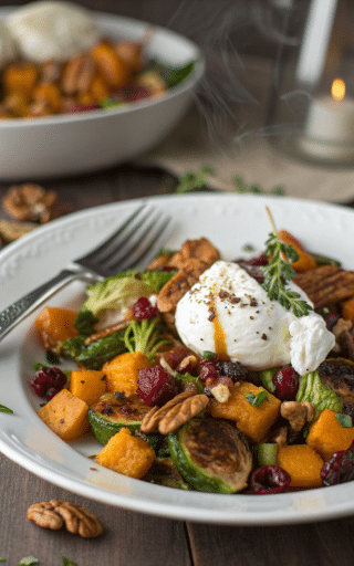 Maple-Glazed Brussels Sprouts Butternut Squash Salad Recipe - Easy & Delicious 7 Plated serving of warm maple-glazed Brussels sprouts and butternut squash salad as Thanksgiving side dish