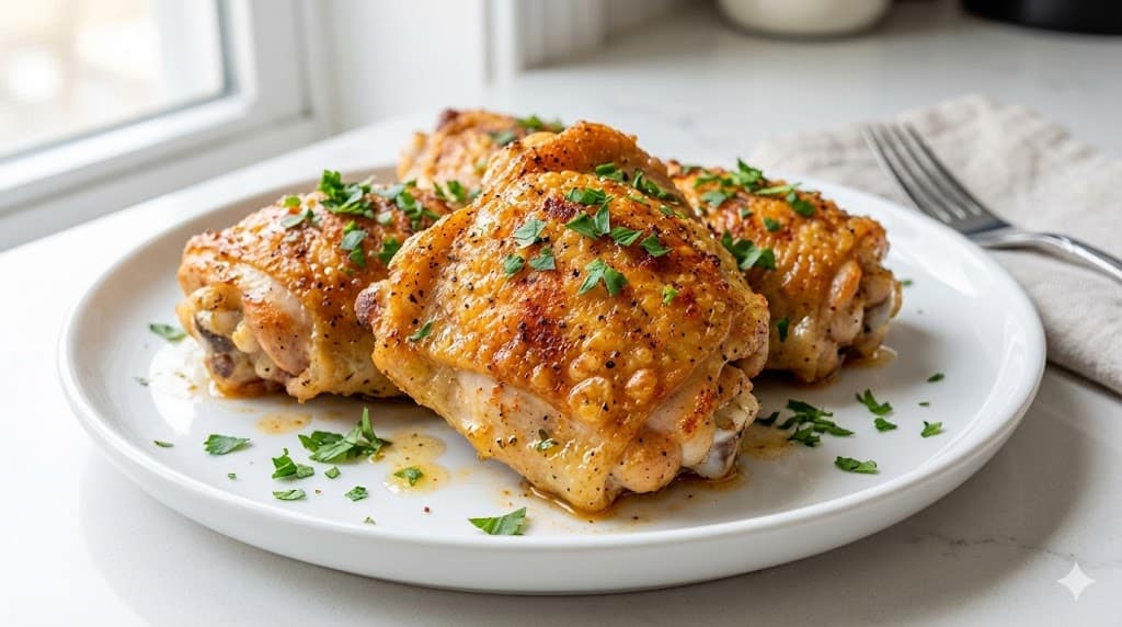 Air Fryer Chicken Thighs: Crispy, Juicy & Ready in 20 Minutes 5 Golden brown crispy air fryer chicken thighs served on a white plate.
