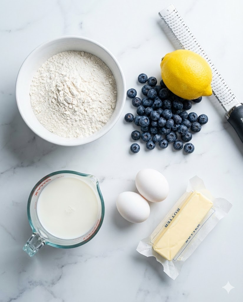Easy Blueberry Lemon Pancake Bites: Crispy, Fluffy & Ready in 25 Mins 6 Fresh ingredients for blueberry lemon pancake bites including flour, eggs, milk, and lemons.