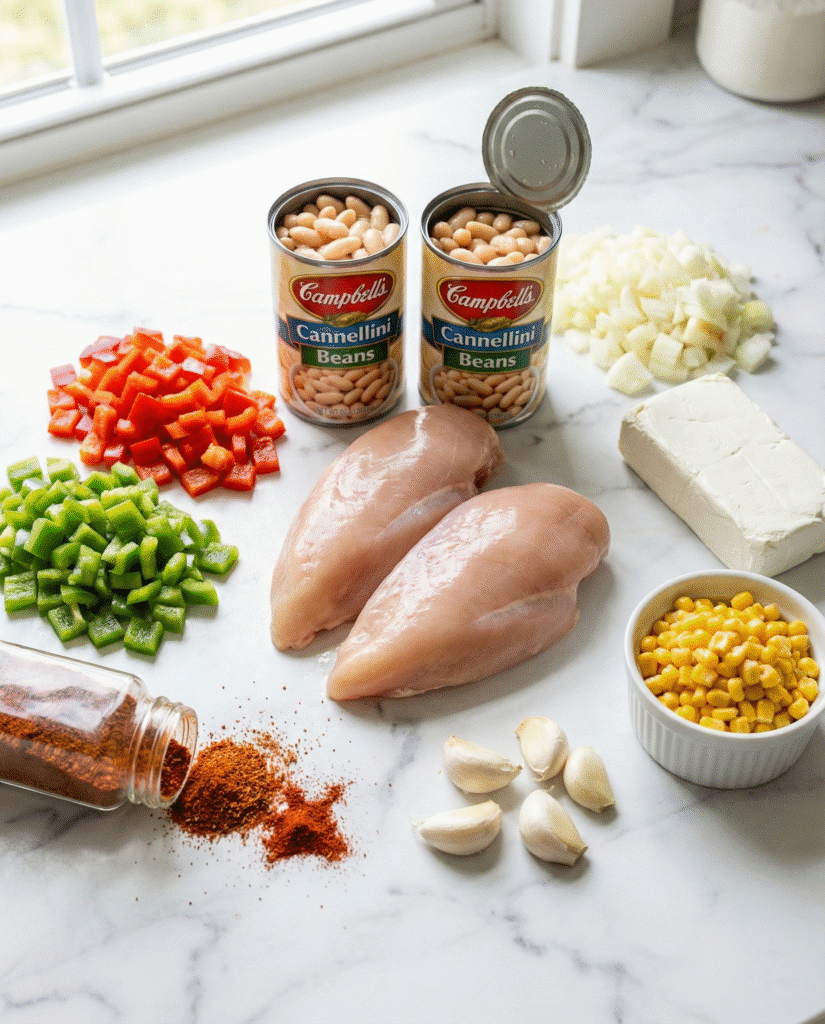 Cajun White Chicken Chili: Easy, Creamy & Spicy One-Pot Dinner 6 Fresh ingredients ready for the one-pot Cajun White Chicken Chili recipe.