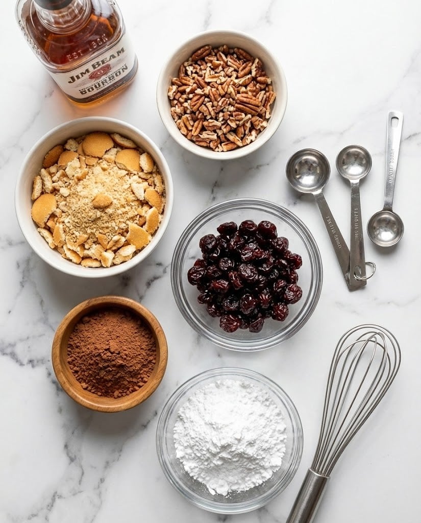 Easy No-Bake Cherry Bourbon Balls Recipe for Holiday Parties 6 Ingredients for cherry bourbon balls including vanilla wafers, pecans, and bourbon.
