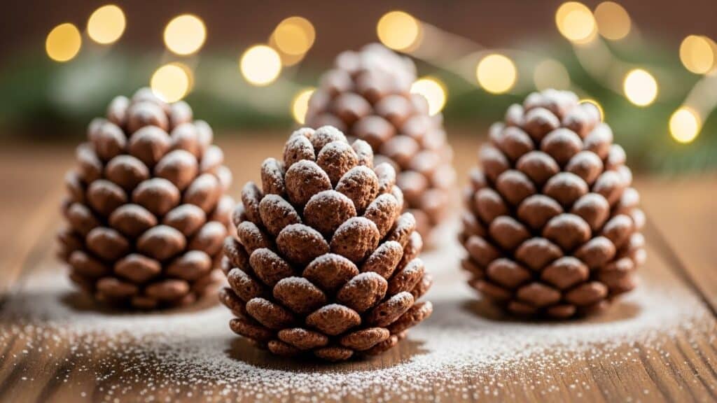 Chocolate Pinecone Hack Dessert: Easy & Crispy No-Bake Holiday Treats 5 Chocolate Pinecone Hack Dessert dusted with powdered sugar snow on a wooden table.