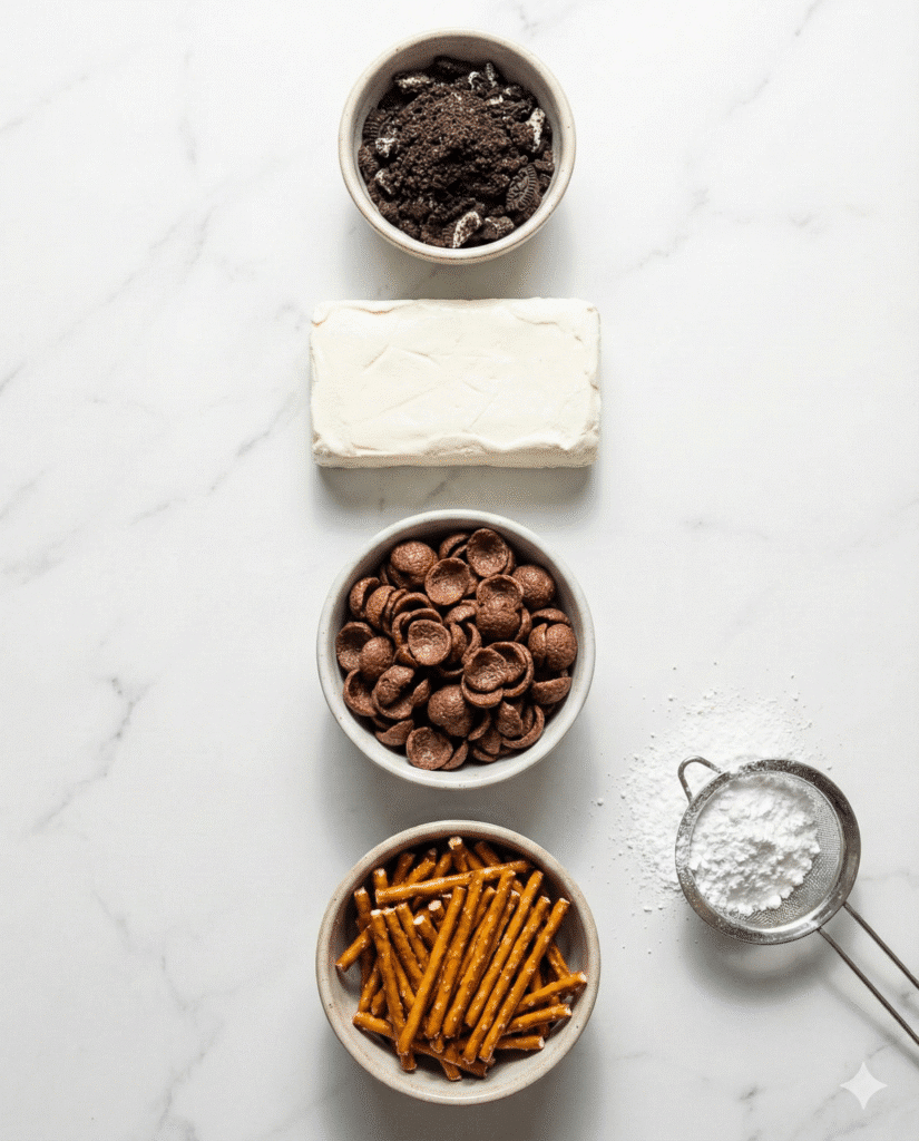 Chocolate Pinecone Hack Dessert: Easy & Crispy No-Bake Holiday Treats 6 Ingredients for DIY pinecone candy craft including chocolate cookies and cereal.