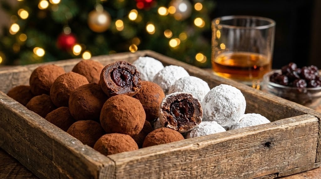 Easy No-Bake Cherry Bourbon Balls Recipe for Holiday Parties 5 Easy No-Bake Cherry Bourbon Balls on a wooden tray with holiday decorations.