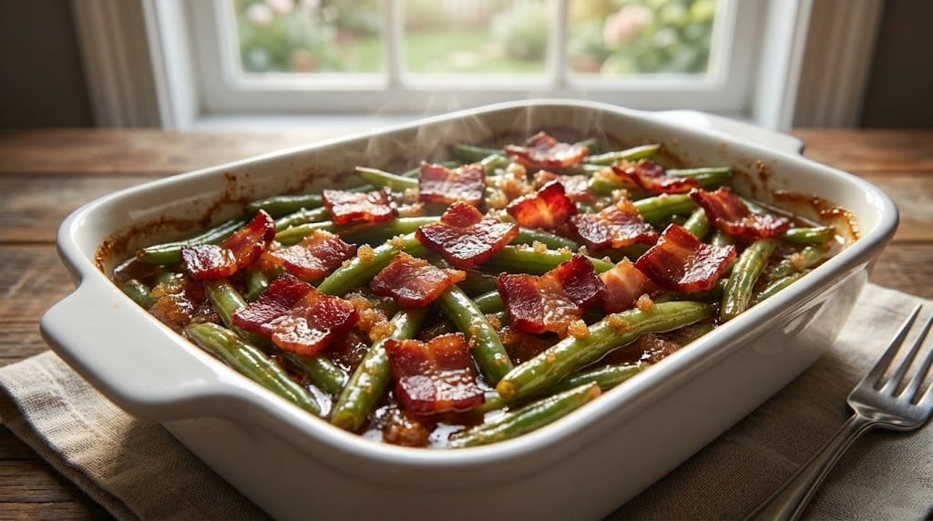 Crack Green Beans with Bacon: Easy Best Addictive Southern Side 5 Featured image of Southern Crack Green Beans with Bacon in a white dish