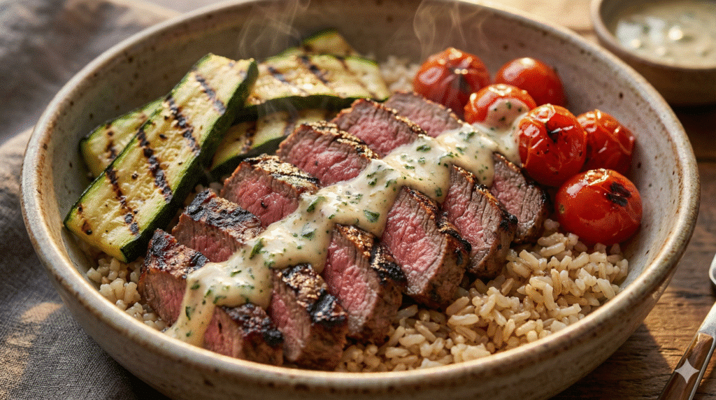 Grilled Steak Bowl with Creamy Sauce: Easy High-Protein Dinner 5 Grilled Steak Bowl with Creamy Sauce topped with fresh herbs and zucchini.