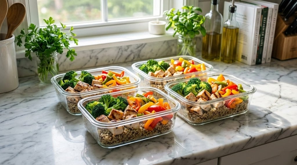High Protein Meal Prep for Weight Loss: Easy 30-Min Plan 5 Four glass containers filled with high protein meal prep for weight loss.