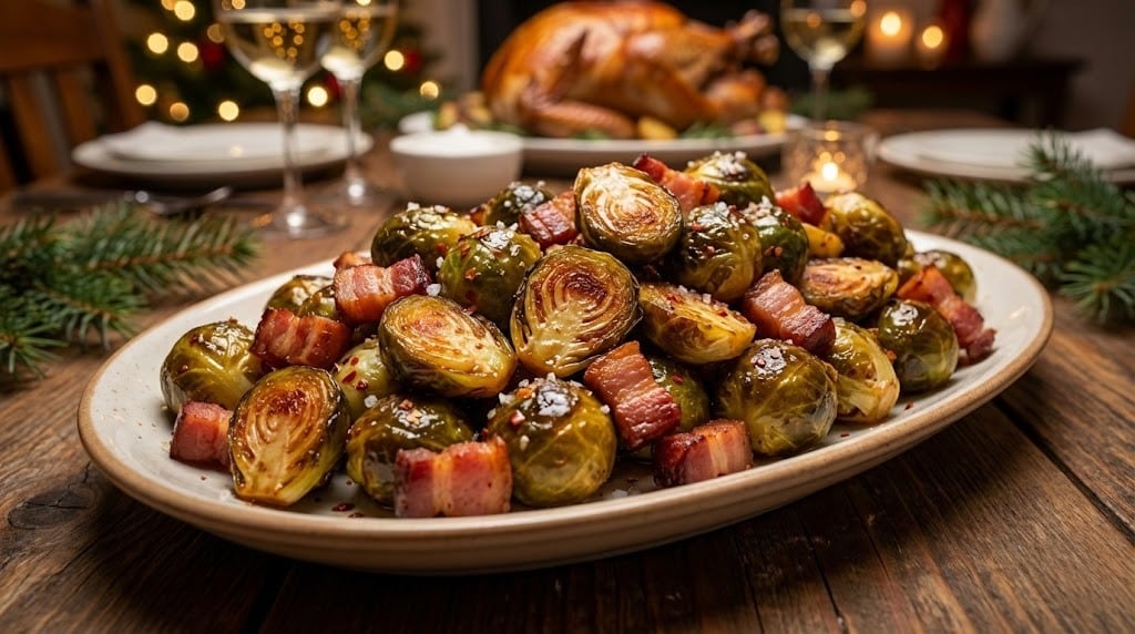 Honey-Glazed Roasted Brussels Sprouts with Bacon: The Best Crispy Side Dish 5 Honey-Glazed Roasted Brussels Sprouts with Bacon served on a ceramic platter.