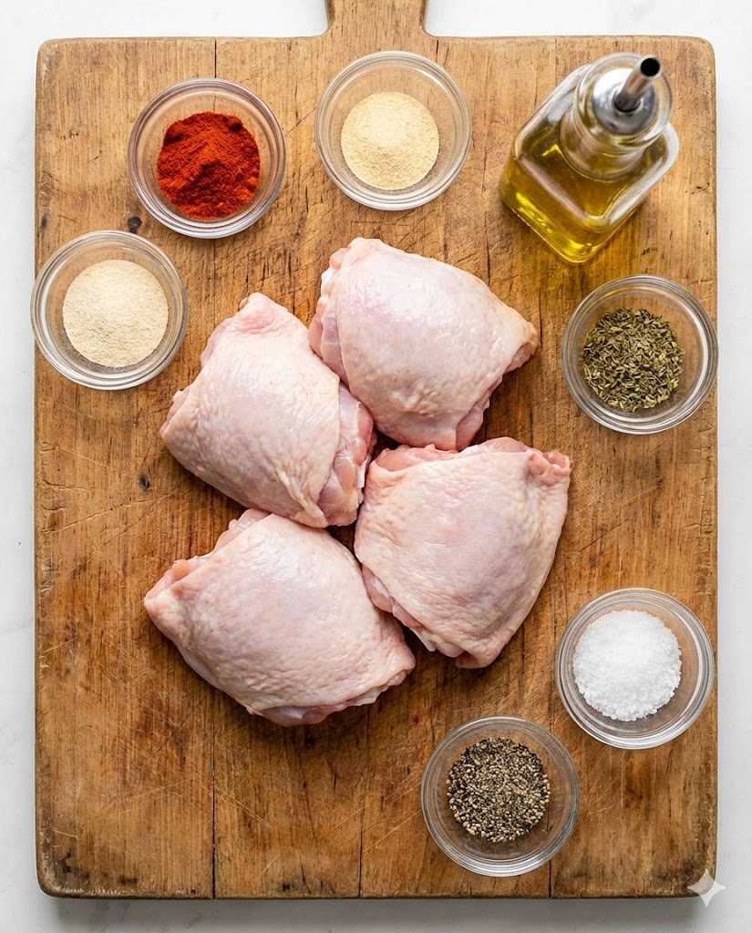 Air Fryer Chicken Thighs: Crispy, Juicy & Ready in 20 Minutes 6 Raw chicken thighs and spice blend ingredients arranged on a wooden board.