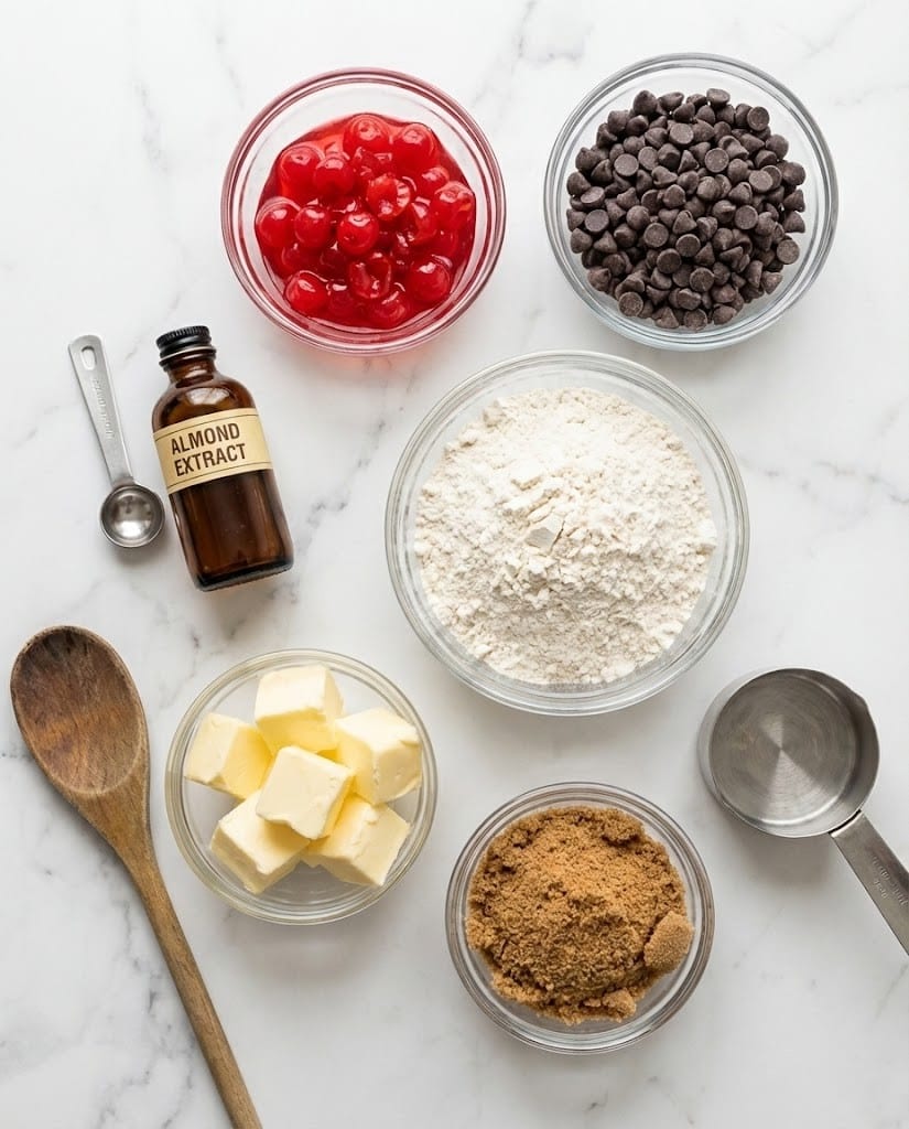 Maraschino Cherry Chocolate Chip Cookies: Easy, Chewy & Irresistible 6 Ingredients for Maraschino Cherry Chocolate Chip Cookies including chopped cherries and almond extract.