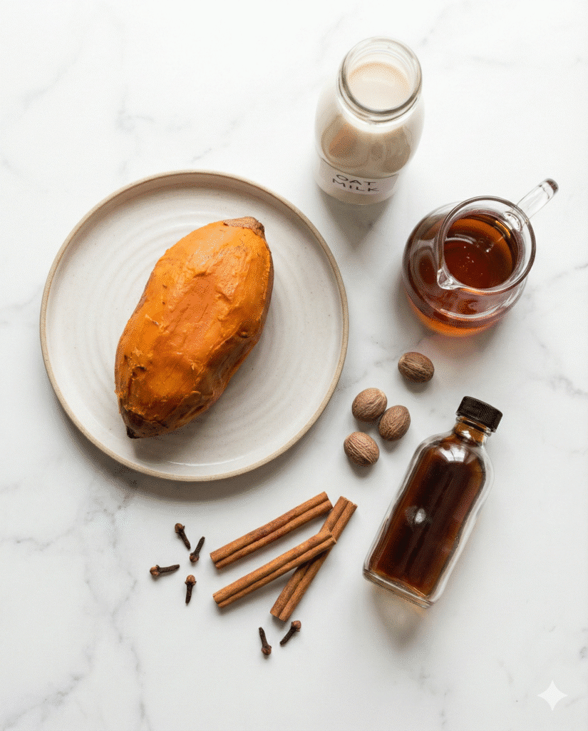 Sweet Potato Vegan Eggnog: Best 10-Minute Holiday Drink 6 Ingredients for vegan eggnog including roasted sweet potato and oat milk.