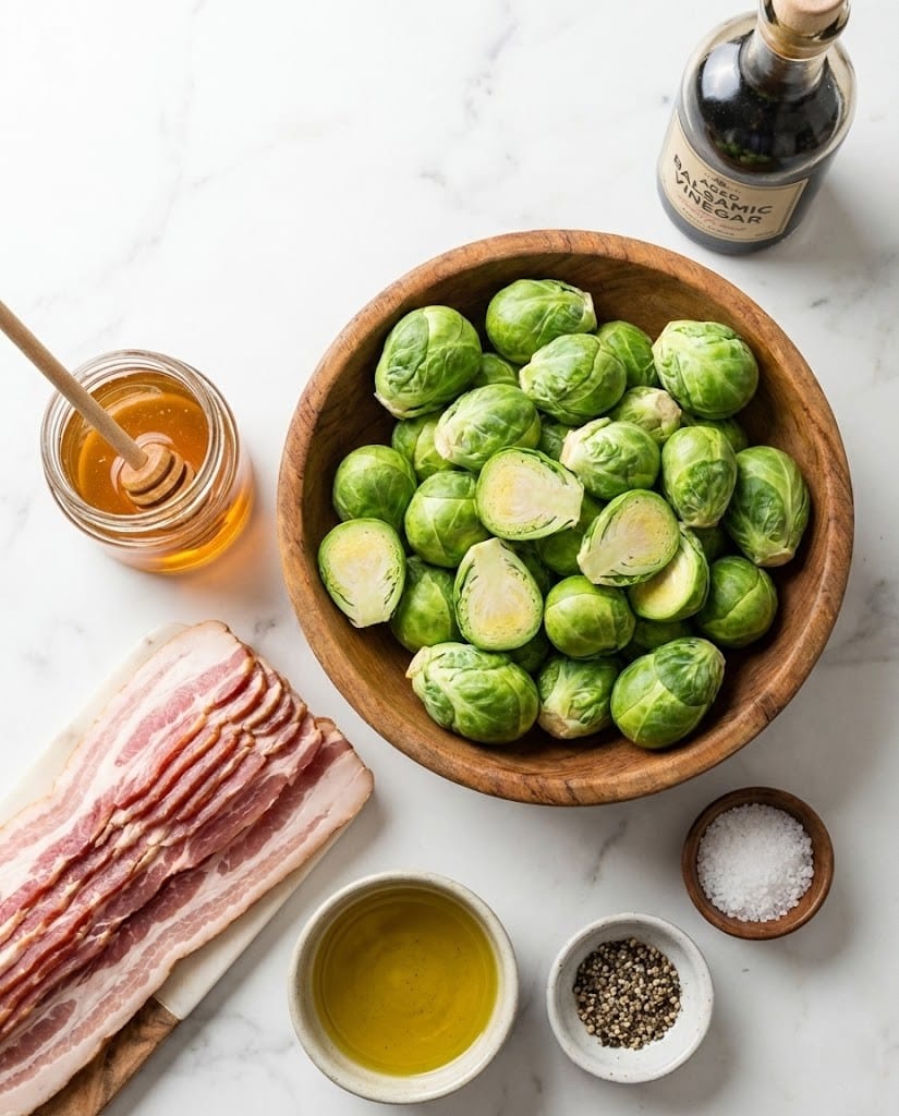 Honey-Glazed Roasted Brussels Sprouts with Bacon: The Best Crispy Side Dish 6 Fresh Brussels sprouts, bacon, honey, and olive oil arranged on a marble counter.