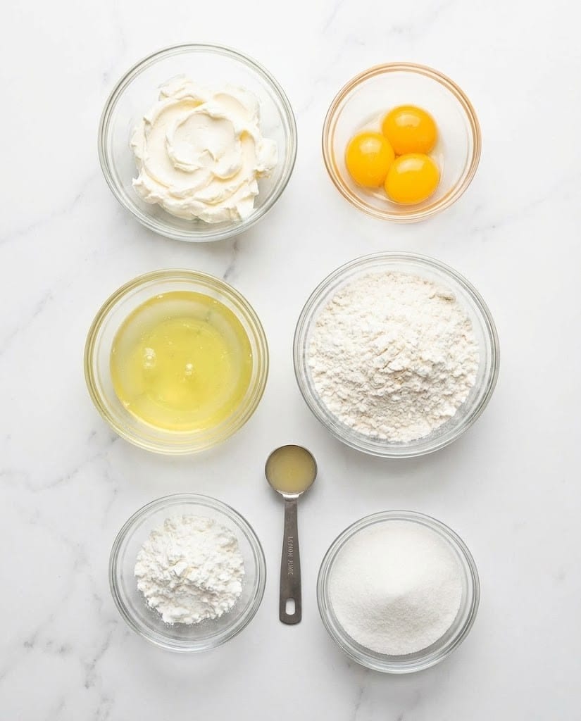 Japanese Cotton Cheesecake Cupcakes: Easy & Fluffy Soufflé Recipe 6 Ingredients for Japanese Cotton Cheesecake Cupcakes including cream cheese and eggs.