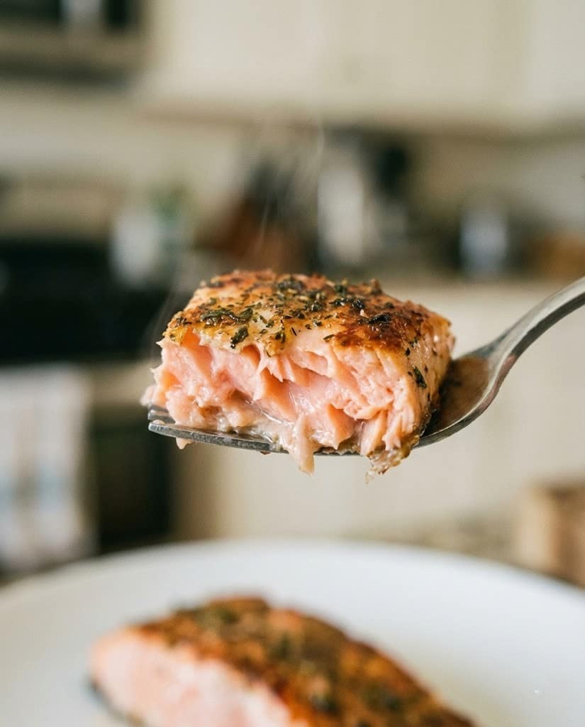 Perfect Air Fryer Salmon for Weight Loss: Easy 10-Minute Recipe 7 Close-up macro shot of flaky and juicy air fried salmon texture.