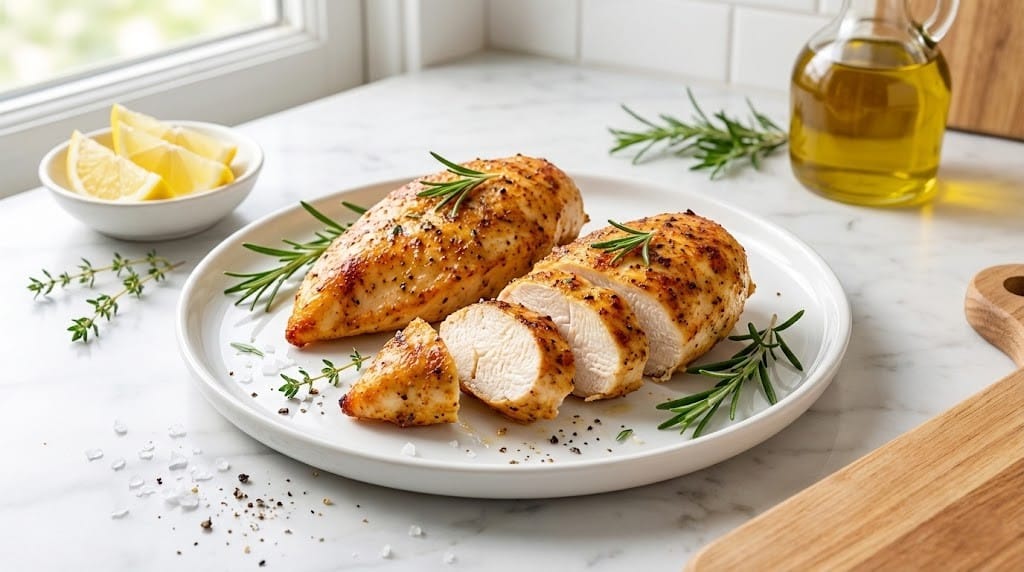 Easy Keto Air Fryer Chicken Breast (Juicy & No Breading) 5 Sliced juicy keto air fryer chicken breast on a plate.